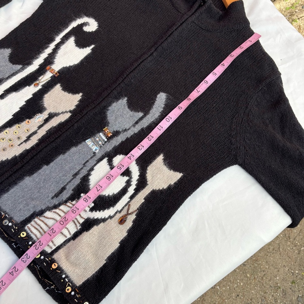Coldwater Creek Full Zip Black Cat Cardigan Sweater Size M Beaded Cat Lady - Picture 10 of 13